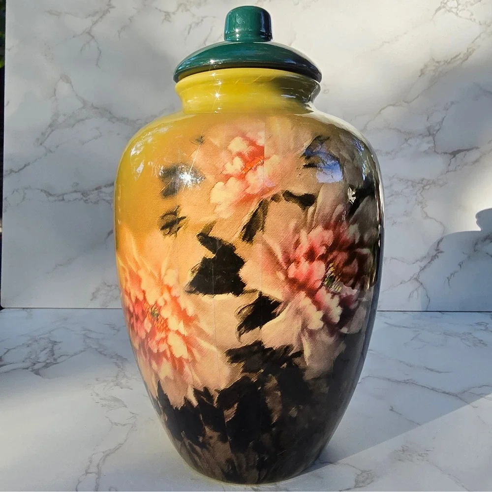 Vintage Peony  Large Floral Ceramic Ginger Jar Yellow Pink Vase Lid